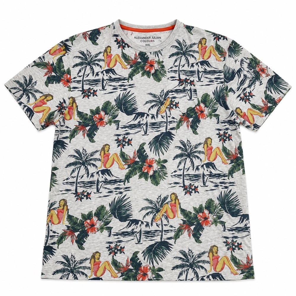 Alexander Julian Colours T-Shirt Mens XXL Hawaiian Tropical Graphic Beach Tee